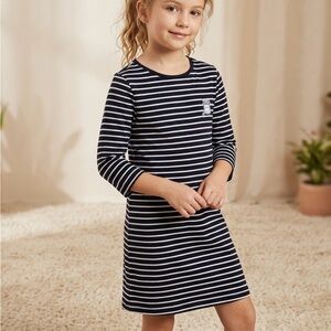FOREVER 21 Girls' Black/White Striped Long Sleeve Dress with Cartoon Cat Detail